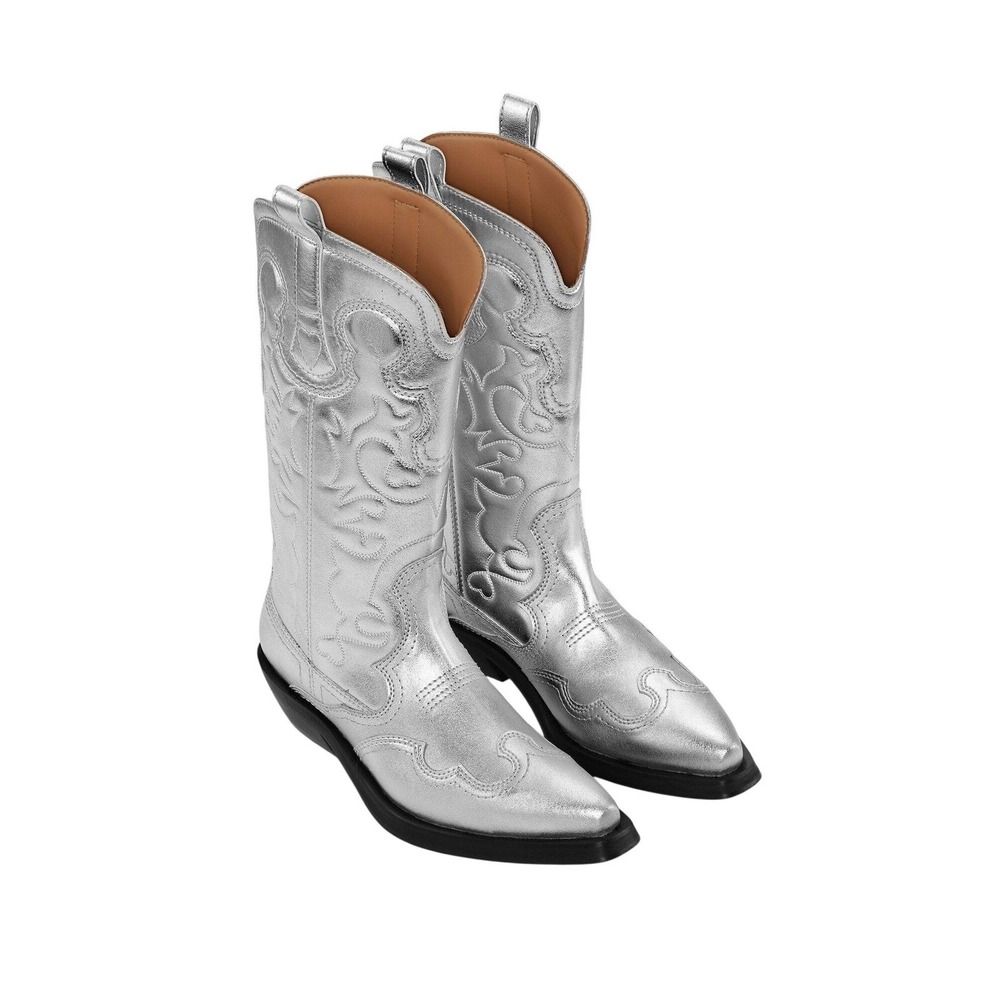 GANNI 40mm Metallic Leather Western Boots Women 36 Size 6 Silver Embroidered New